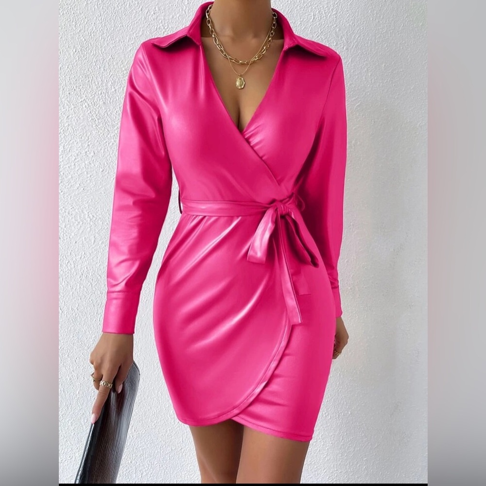 Bodycon Wrap Belted Dress Surplice Neck Hot Pink  8/10 L